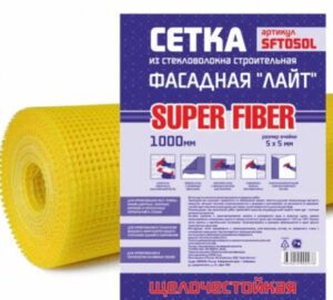Сетка 5 х 5 (1 м х 50 м) стеклотканевая Фасадная Лайт жёлтая 120 г/м² SuperFiber арт. SFT050L/4